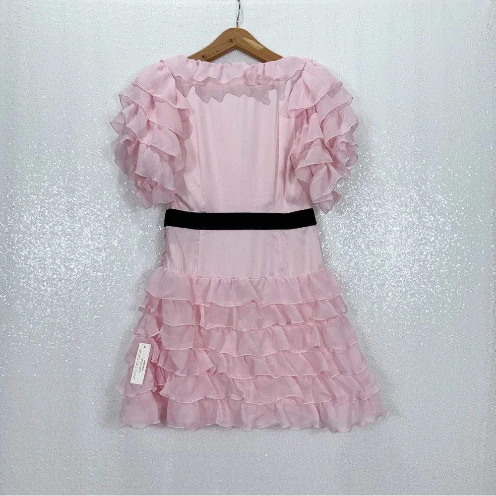 For Love & Lemons Danali Ruffle Pink Ruffle Mini Dress with Black bow - Picture 3 of 16